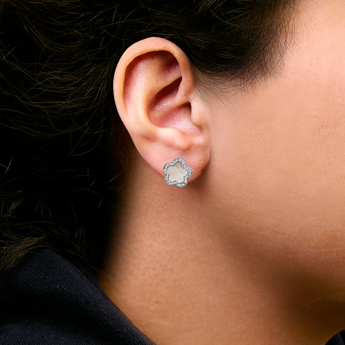14K White Gold Mother of Pearl and 1/5 Cttw Diamond Halo Star Stud Earrings