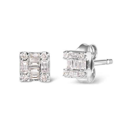 10K White Gold 1/7 Cttw Round and Baguette Diamond Mosaic Square Stud Earrings (H-I Color, I1-I2 Clarity) - Model View