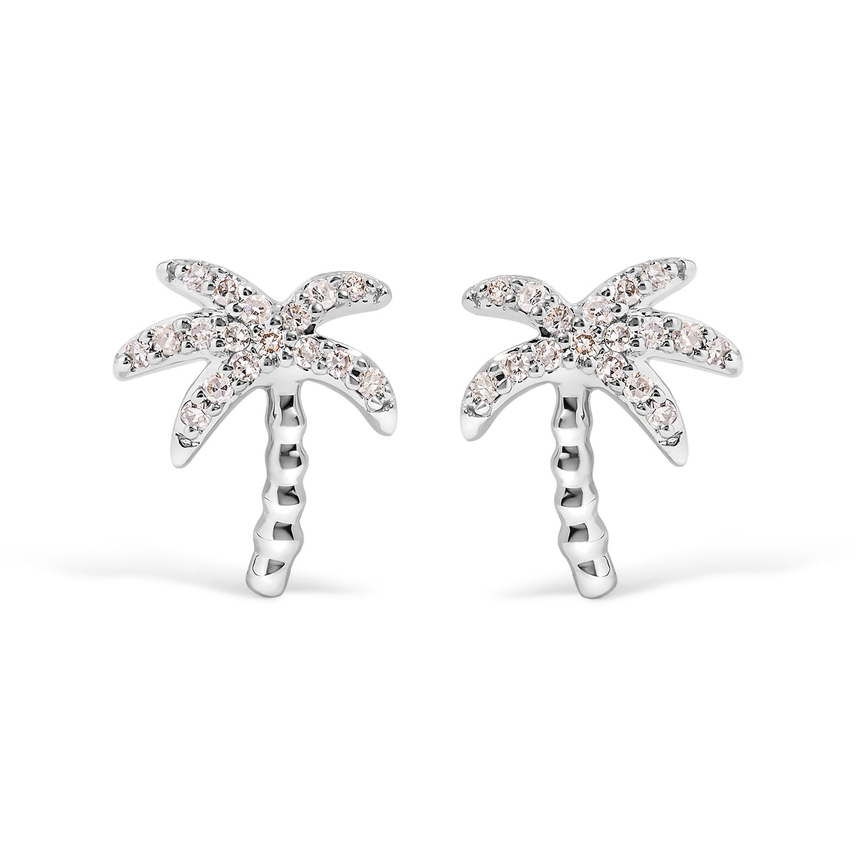 10K White Gold 1/10 Cttw Diamond Encrusted Palm Tree Stud Earrings (H-I Color, I1-I2 Clarity)