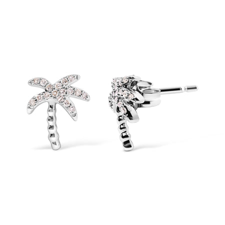 10K White Gold 1/10 Cttw Diamond Encrusted Palm Tree Stud Earrings (H-I Color, I1-I2 Clarity) - Model View
