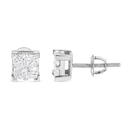 10K White Gold 3/4 Cttw Invisible Set Princess-Cut Diamond Composite Square Stud Earrings (H-I Color, SI2-I1 Clarity) - Model View