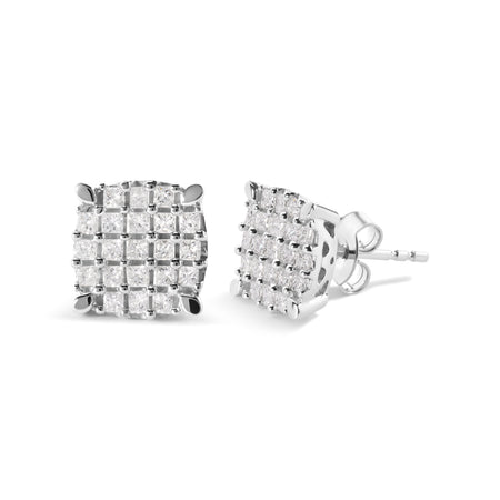 10K White Gold 3/4 Cttw Princess Diamond Composite Cushion Shape Stud Earrings (I-J Color, I1-I2 Clarity) - Model View