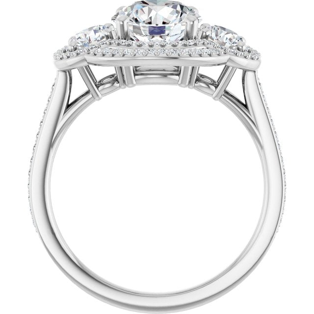 Round Three-Stone Halo-Style Engagement Ring Mounting