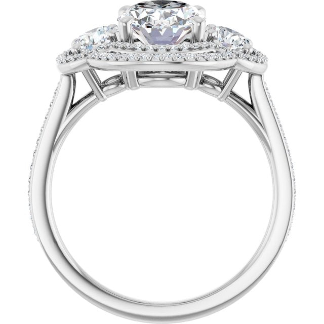 Oval Three-Stone Halo-Style Engagement Ring Mounting