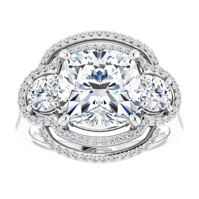 Cushion Three-Stone Halo-Style Engagement Ring Mounting
