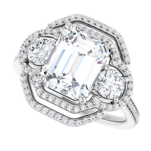 Emerald Three-Stone Halo-Style Engagement Ring Mounting
