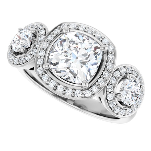 Cushion Three-Stone Halo-Style Engagement Ring Mounting