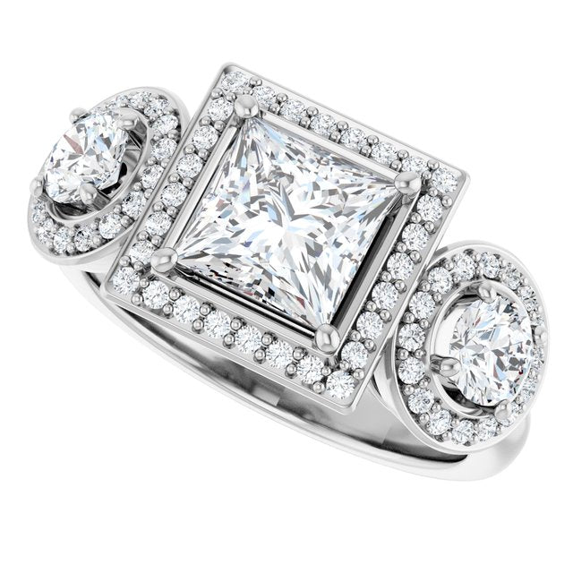 Square Three-Stone Halo-Style Engagement Ring Mounting