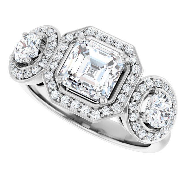 Asscher Three-Stone Halo-Style Engagement Ring Mounting