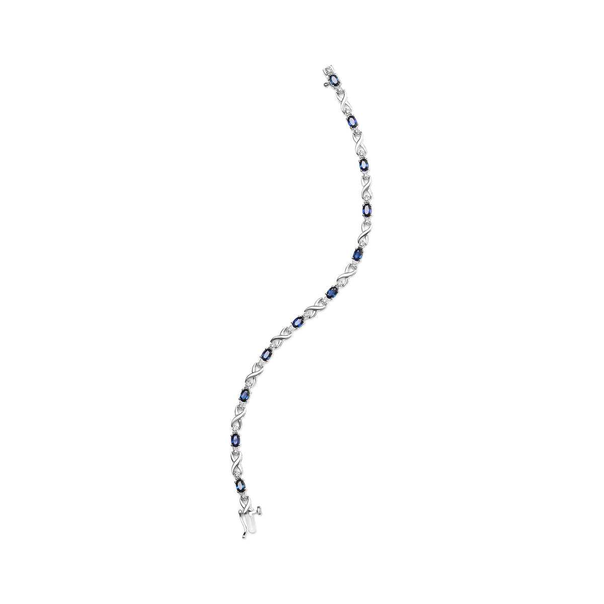 10K White Gold 5x4mm Oval Sapphire Gemstone and 1/10 Cttw Diamond Prong Set "X" Link Bracelet" (H-I Color, SI1-SI2 Clarity)