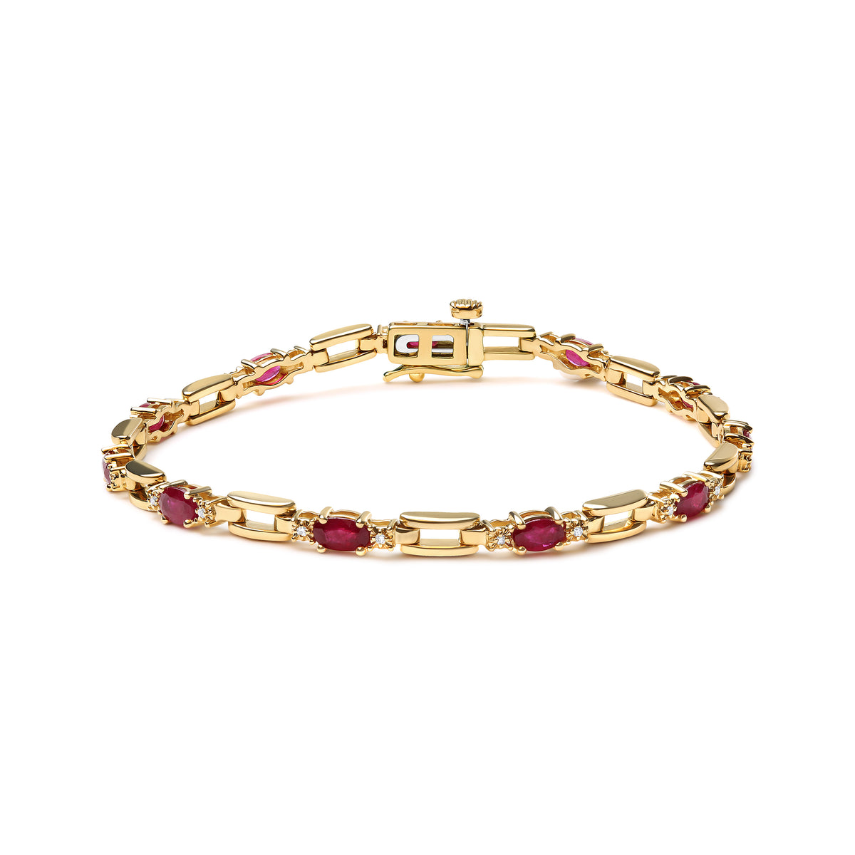 10K Yellow Gold Oval Ruby and 1/10 Cttw Diamond Bar Prong Set Bracelet (H-I Color, SI1-SI2 Clarity)"