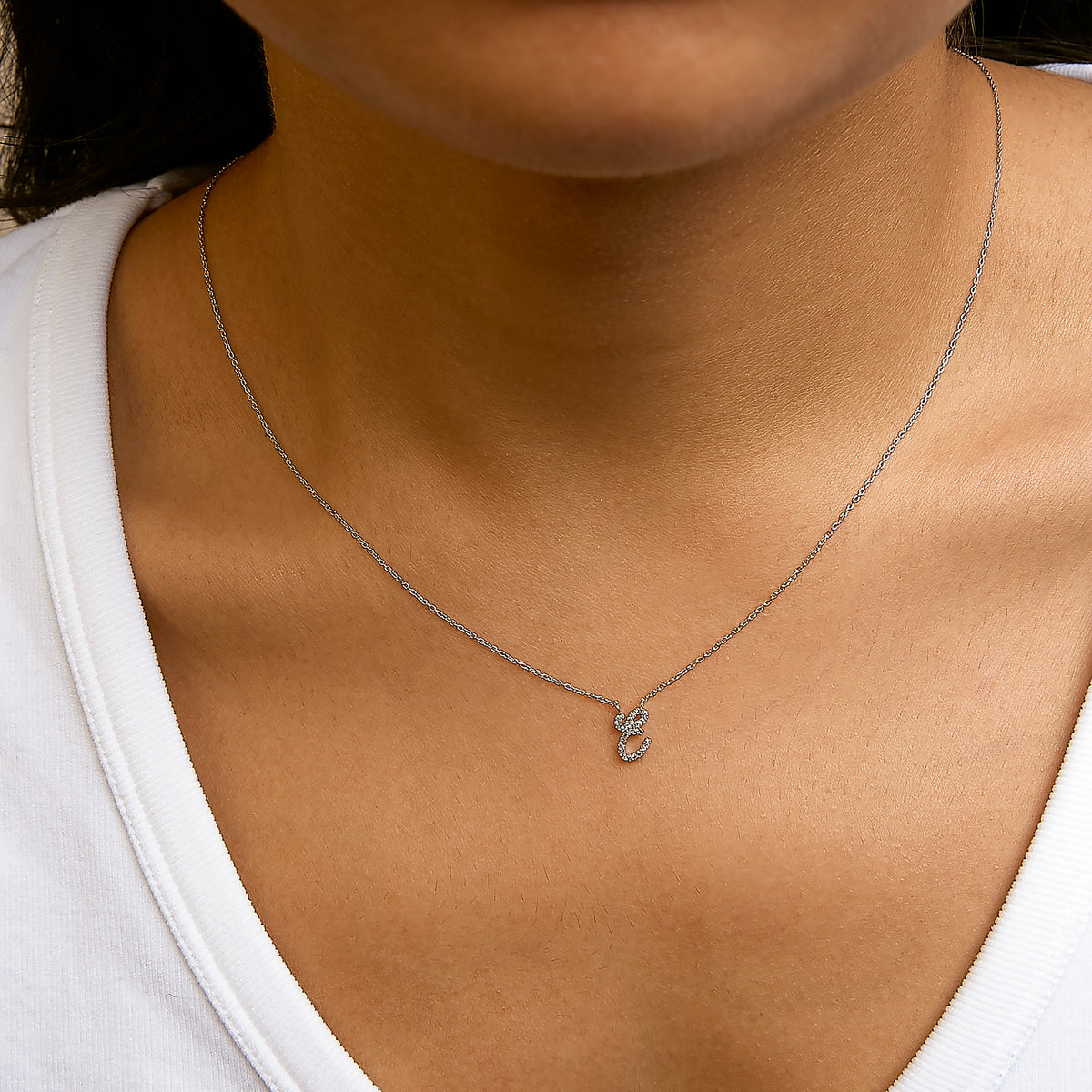 10K White Gold Diamond Accent "E" Initial Script Style Pendant Necklace
