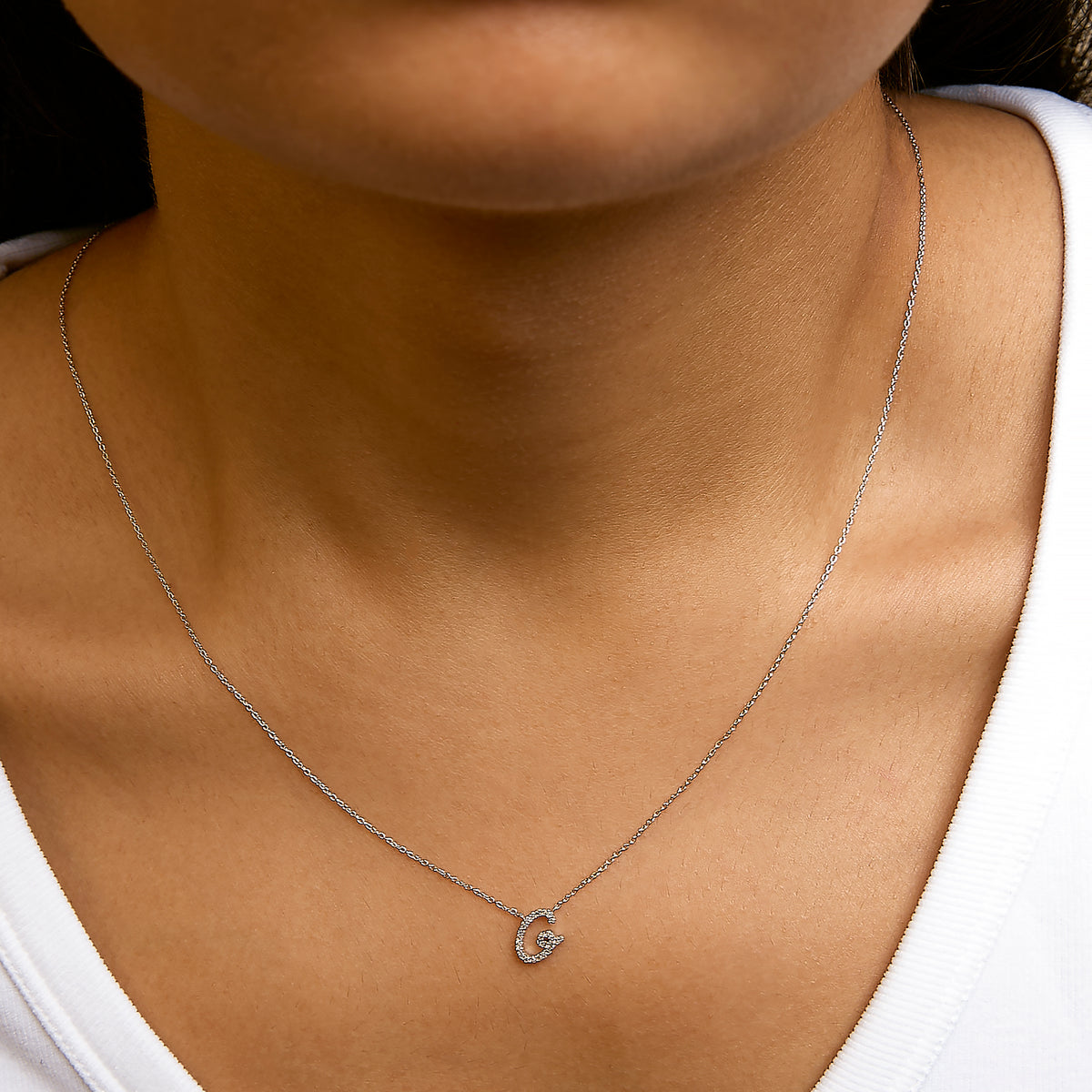 10K White Gold Diamond Accent "G" Initial Script Style Pendant Necklace