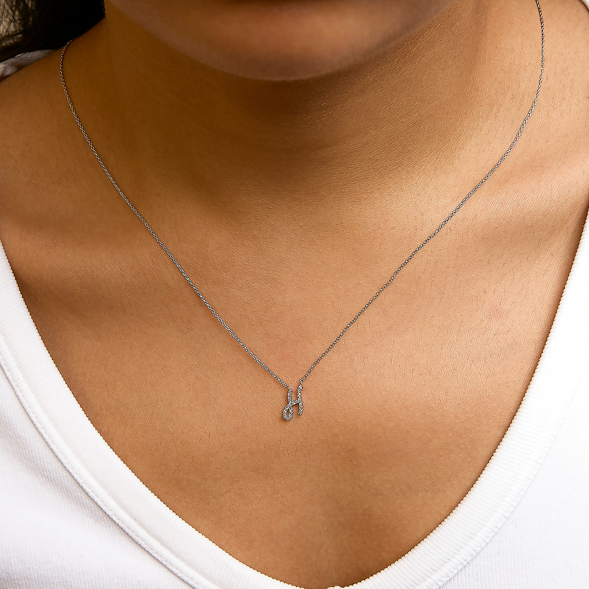 10K White Gold Diamond Accent "H" Initial Script Style Pendant Necklace