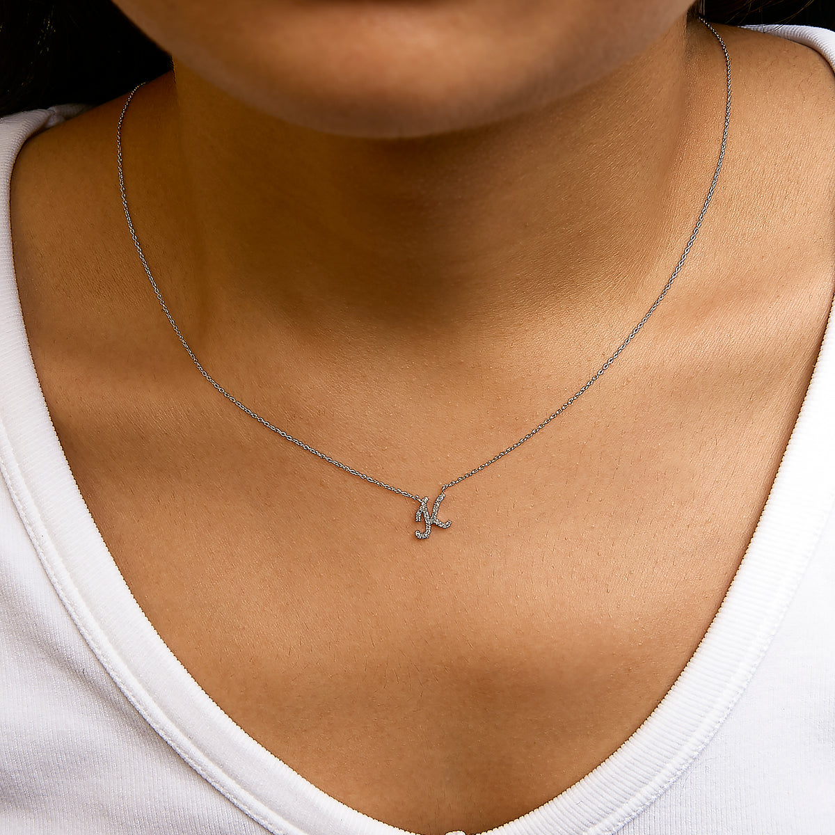 10K White Gold Diamond Accent "K" Initial Script Style Pendant Necklace