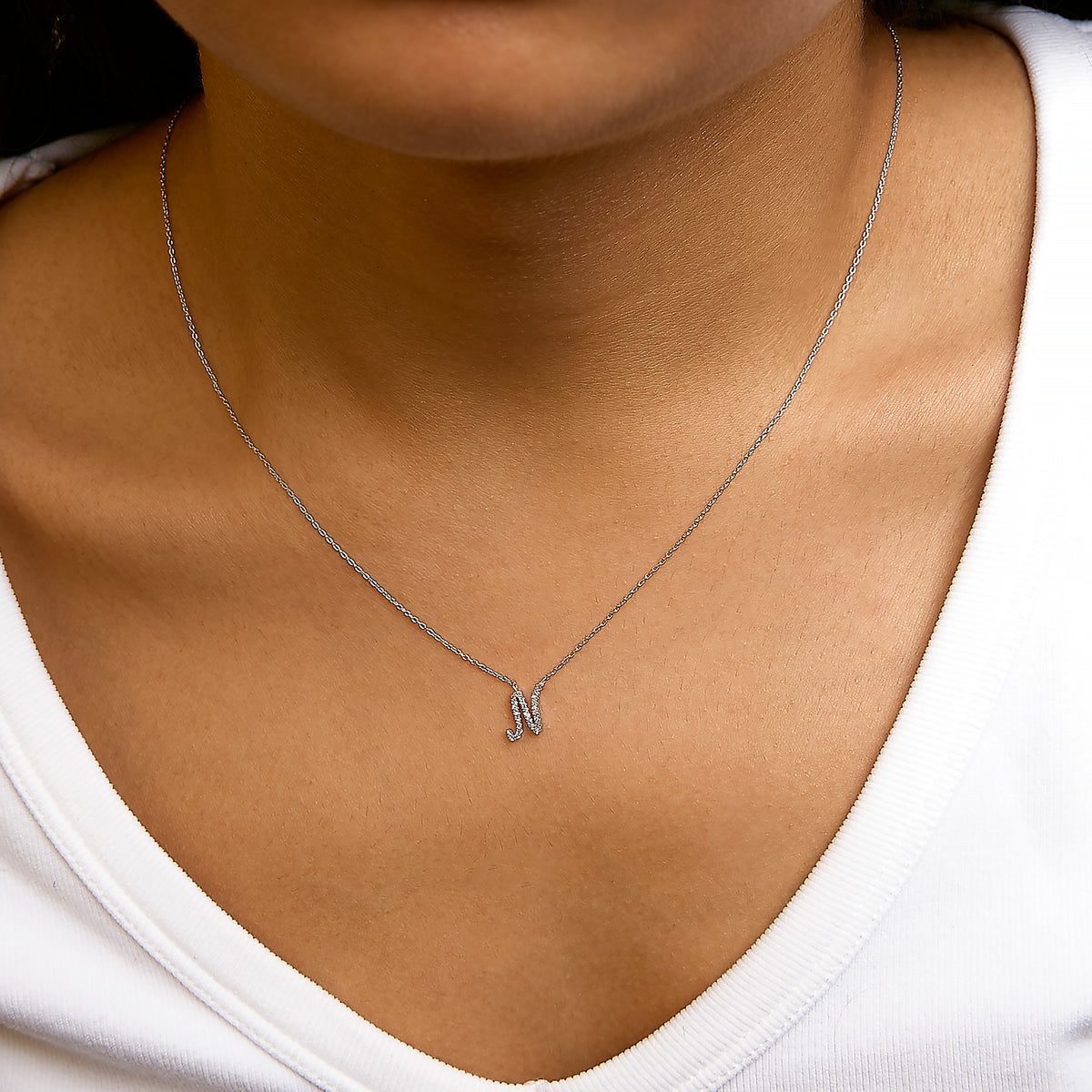 10K White Gold Diamond Accent "N" Initial Script Style Pendant Necklace