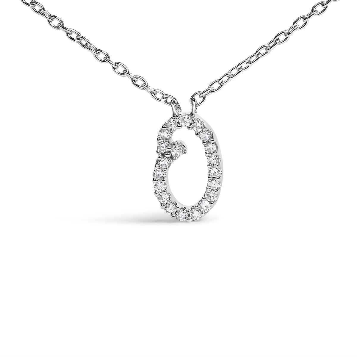 10K White Gold Diamond Accent "O" Initial Script Style Pendant Necklace