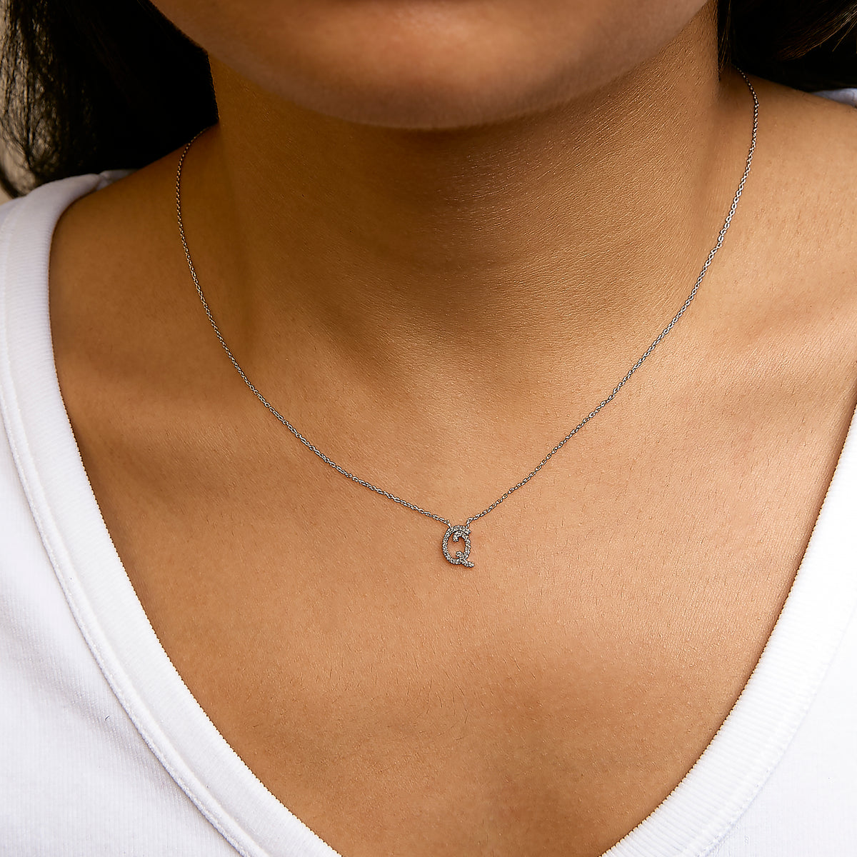 10K White Gold Diamond Accent "Q" Initial Script Style Pendant Necklace