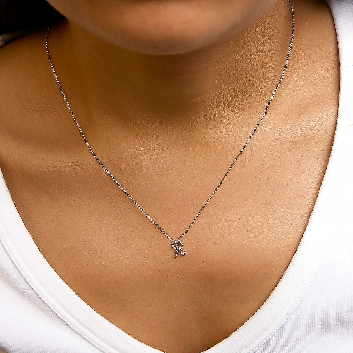 10K White Gold Diamond Accent "R" Initial Script Style Pendant Necklace