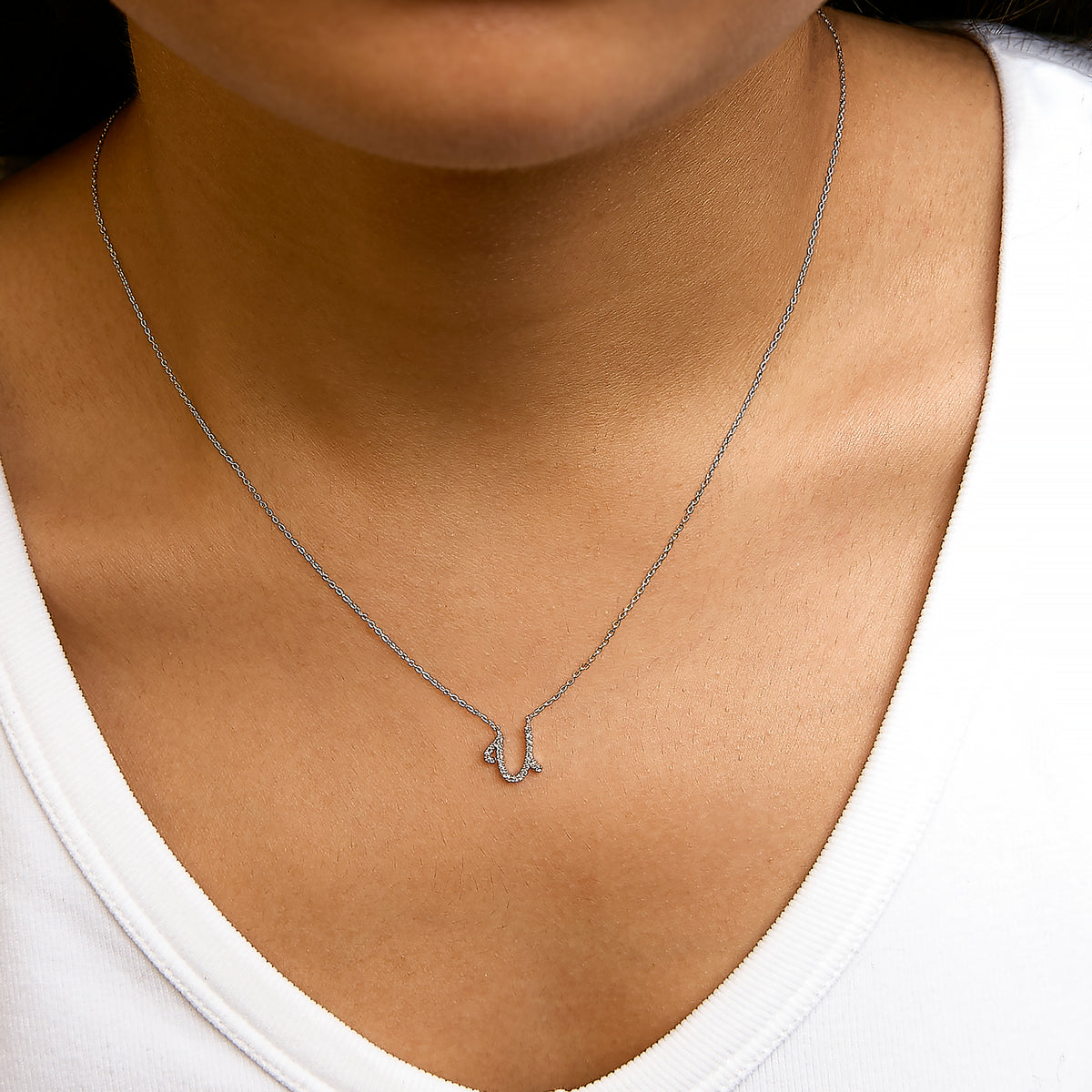10K White Gold Diamond Accent "U" Initial Script Style Pendant Necklace
