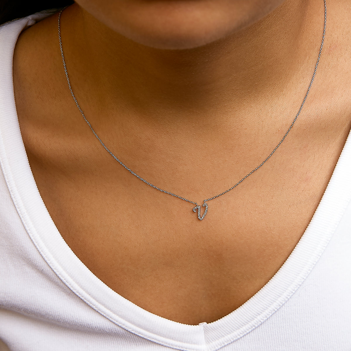 10K White Gold Diamond Accent "V" Initial Script Style Pendant Necklace