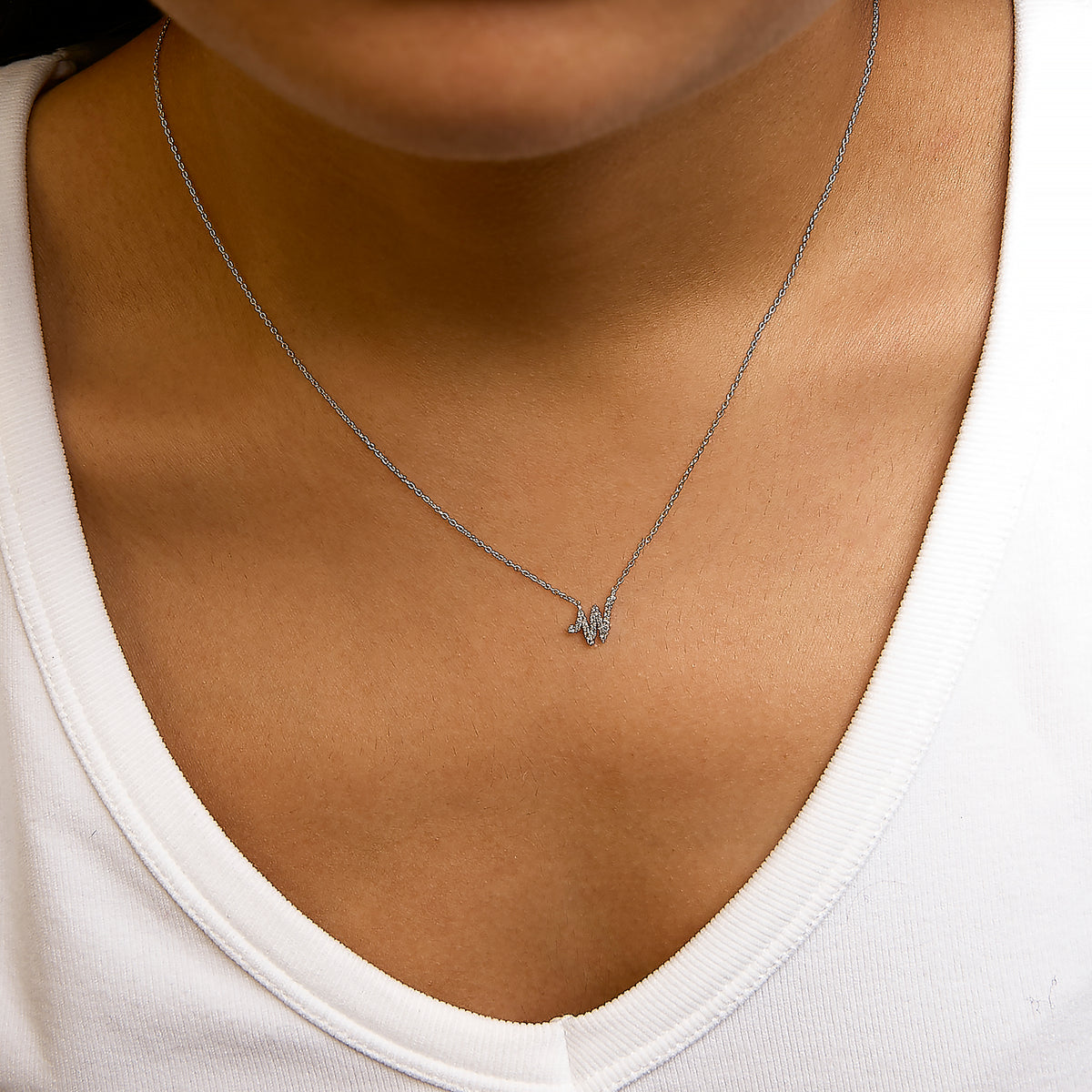 10K White Gold Diamond Accent "W" Initial Script Style Pendant Necklace
