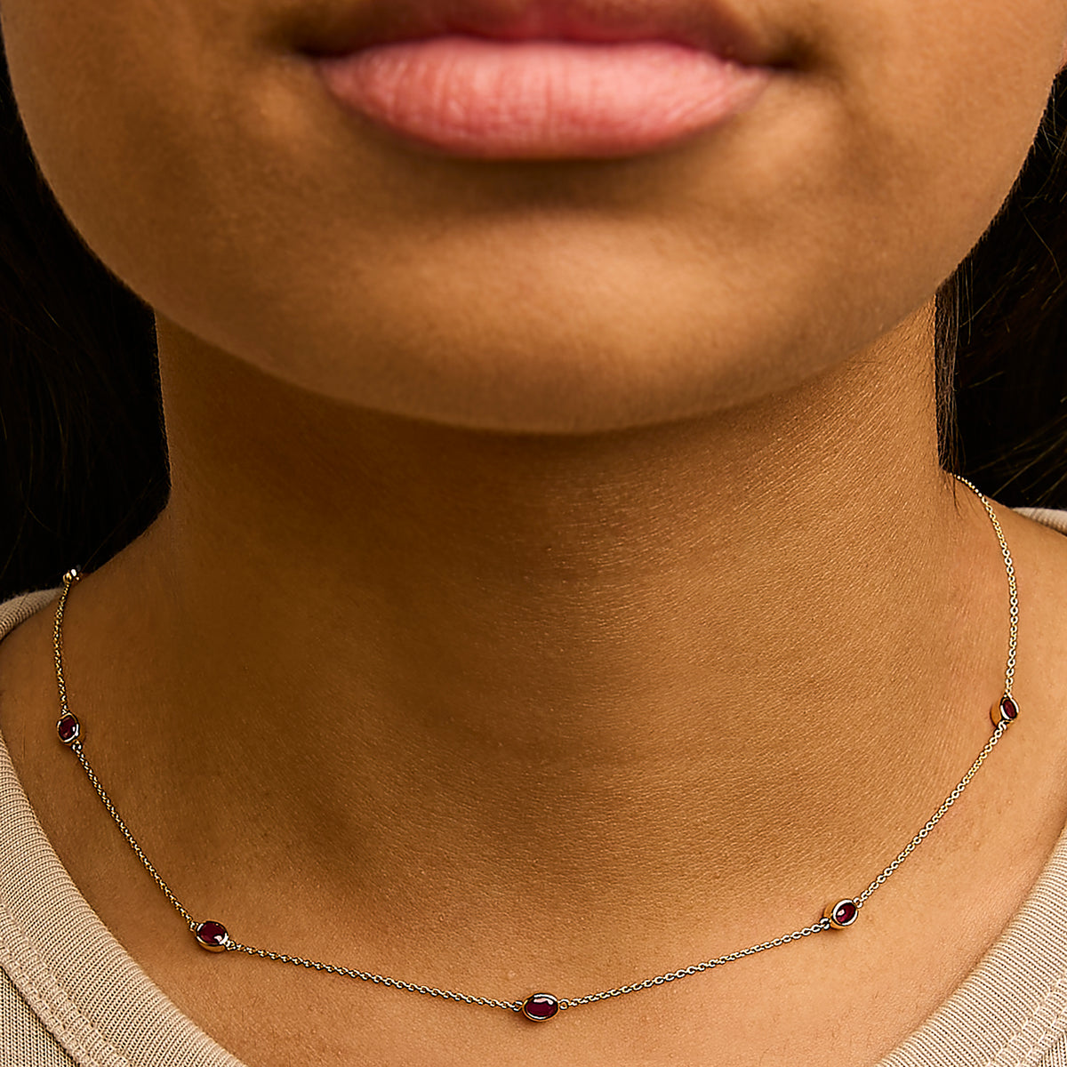14K Yellow Gold Bezel Set 4x3 mm Oval Red Ruby Station Necklace