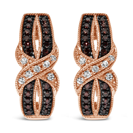 10K Rose Gold 1/3 Cttw White and Brown Diamond Milgrain Criss Cross J-Hoop Earrings (I-J Color, I1-I2 Clarity) - Model View