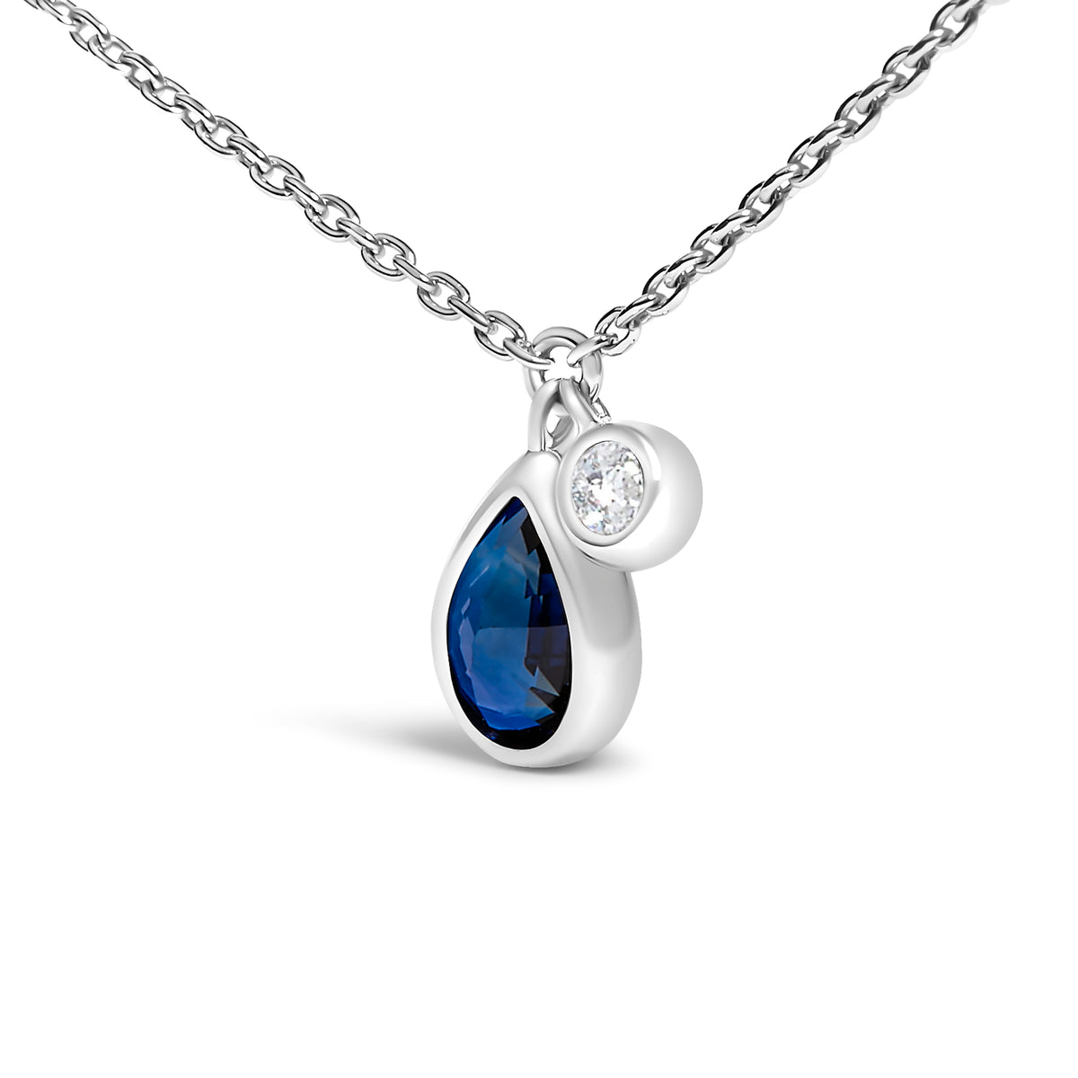 14K White Gold 6x4mm Pear Blue Sapphire and Diamond Accent Charm Pendant Necklace