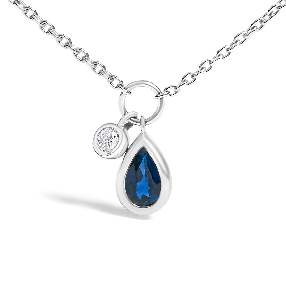 10K White Gold 6x4 mm Pear Blue Sapphire and Diamond Accent Charm Pendant Necklace