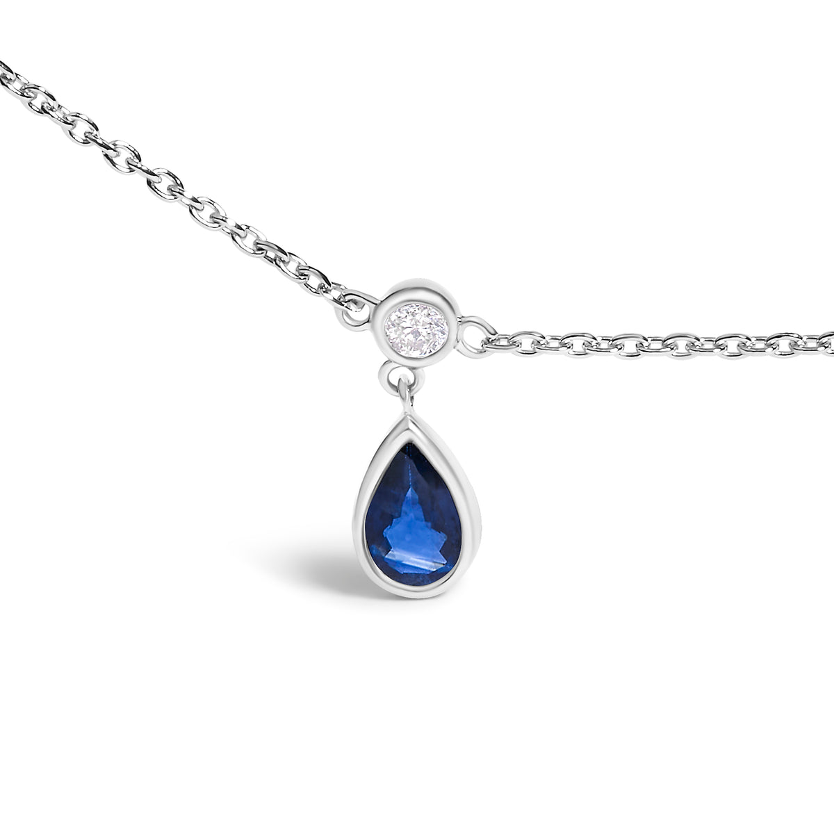 10K White Gold Dangling 5x3 mm Pear Blue Sapphire and Diamond Station Necklace