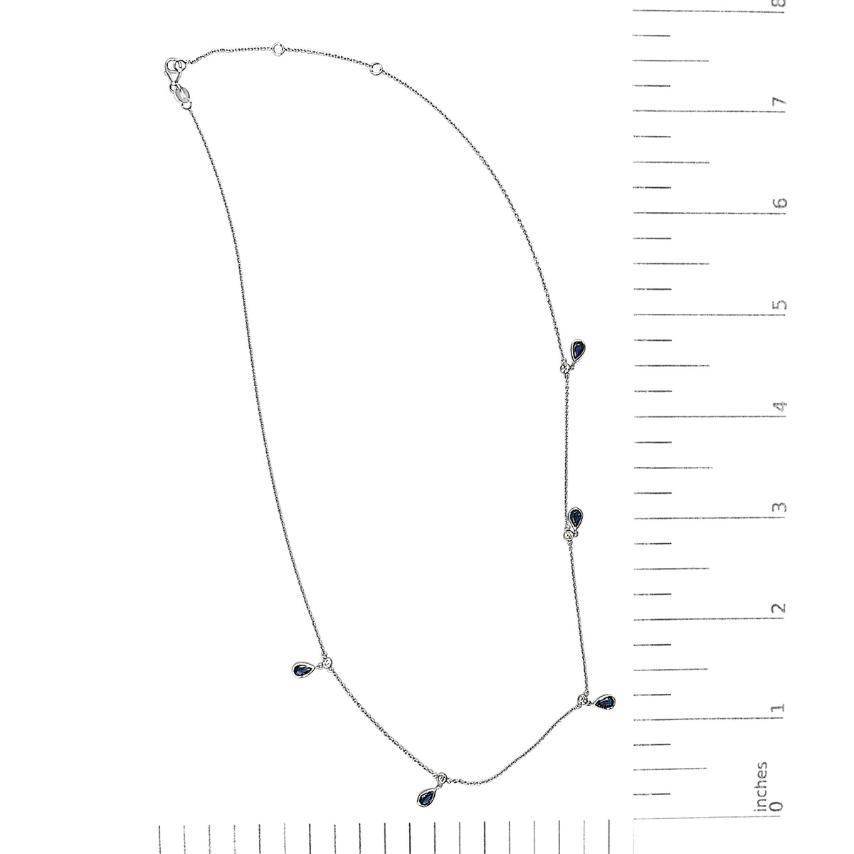 10K White Gold Dangling 5x3 mm Pear Blue Sapphire and Diamond Station Necklace