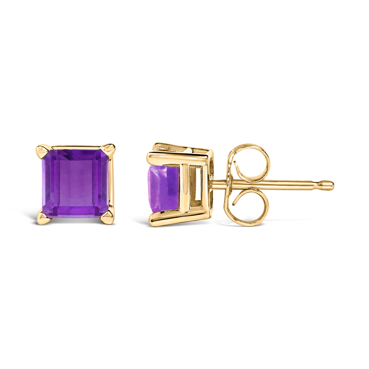 14K Yellow Gold 5x5MM Princess Cut Purple Amethyst Solitaire Stud Earrings