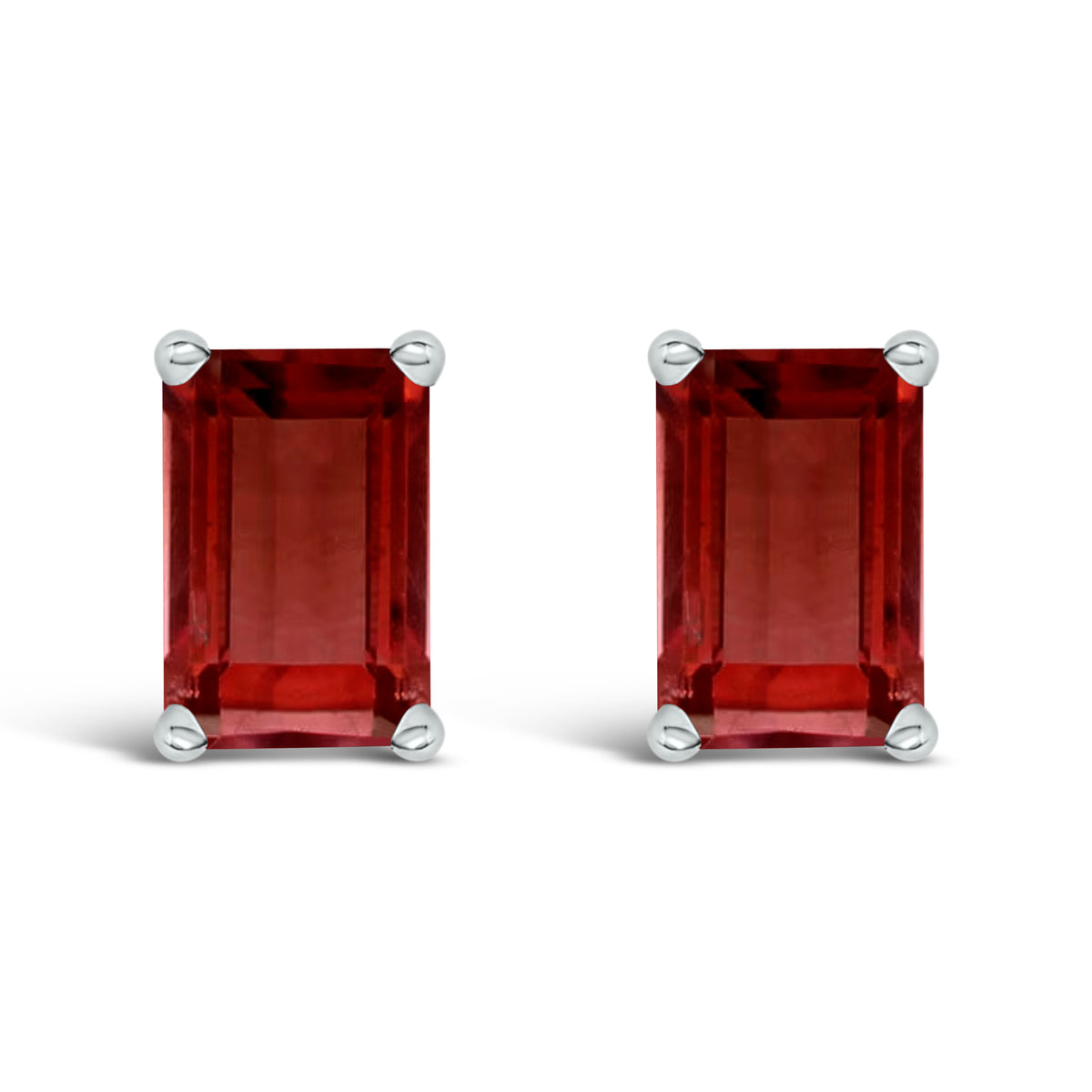 14K White Gold 6x4MM Emerald Shaped Garnet Solitaire Stud Earrings
