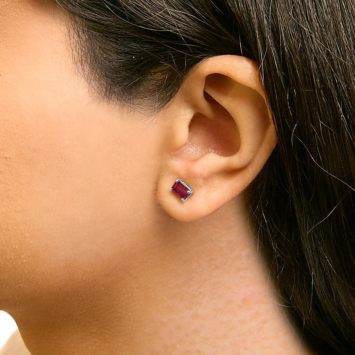 14K White Gold 6x4MM Emerald Shaped Ruby Solitaire Stud Earrings