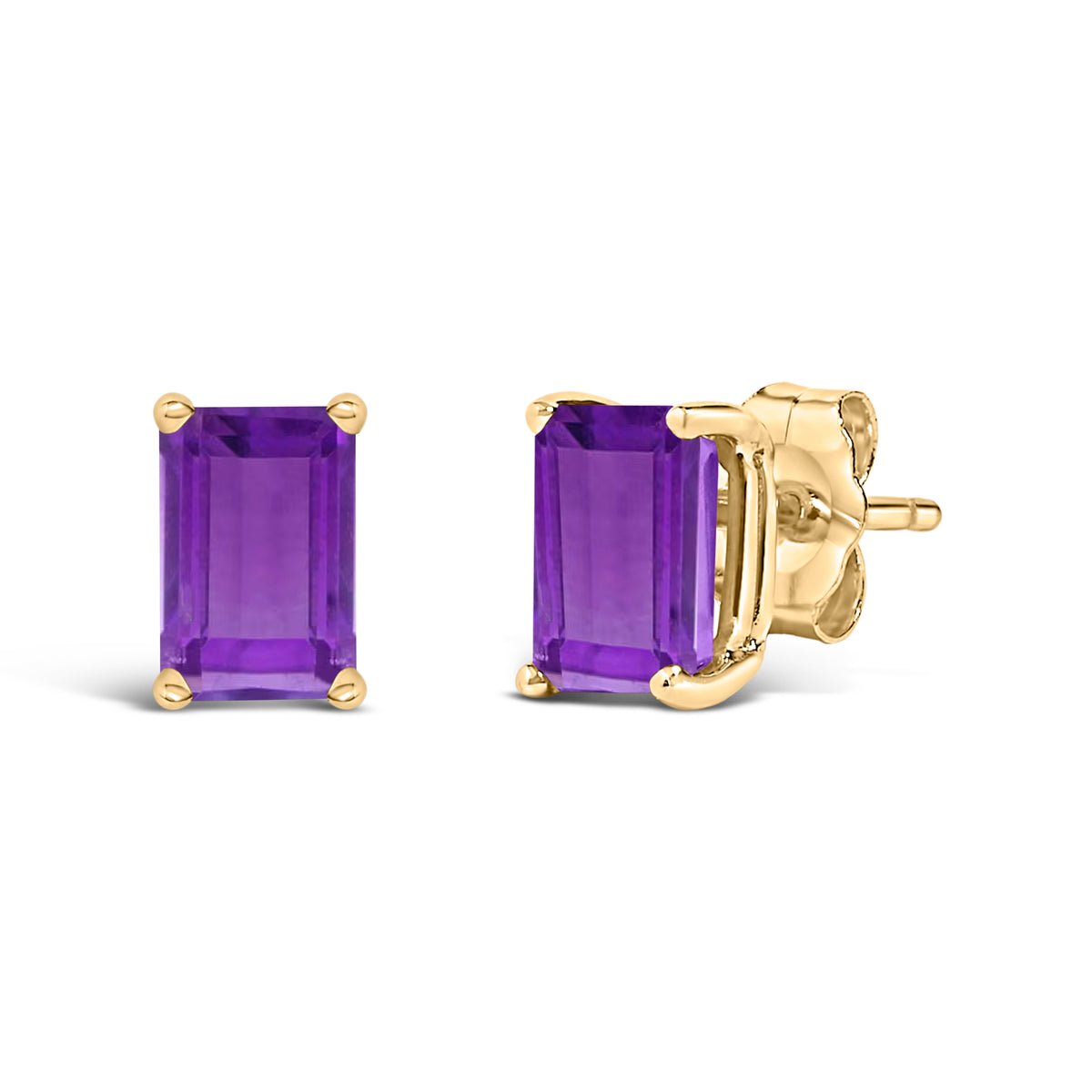 14K Yellow Gold 6x4MM Emerald Shaped Amethyst Solitaire Stud Earrings