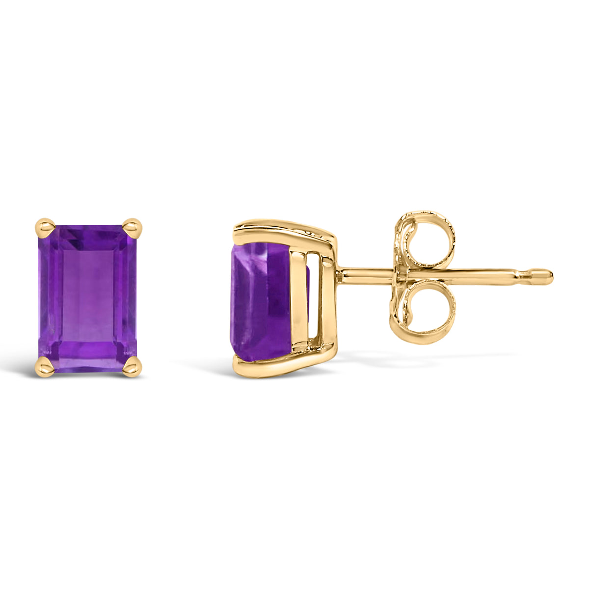 14K Yellow Gold 6x4MM Emerald Shaped Amethyst Solitaire Stud Earrings