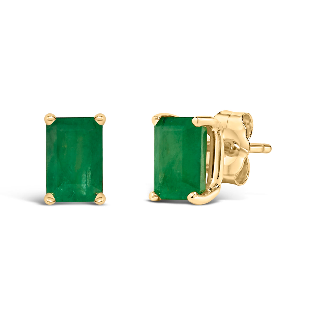 14K Yellow Gold 6x4MM Emerald Shaped Emerald Solitaire Stud Earrings