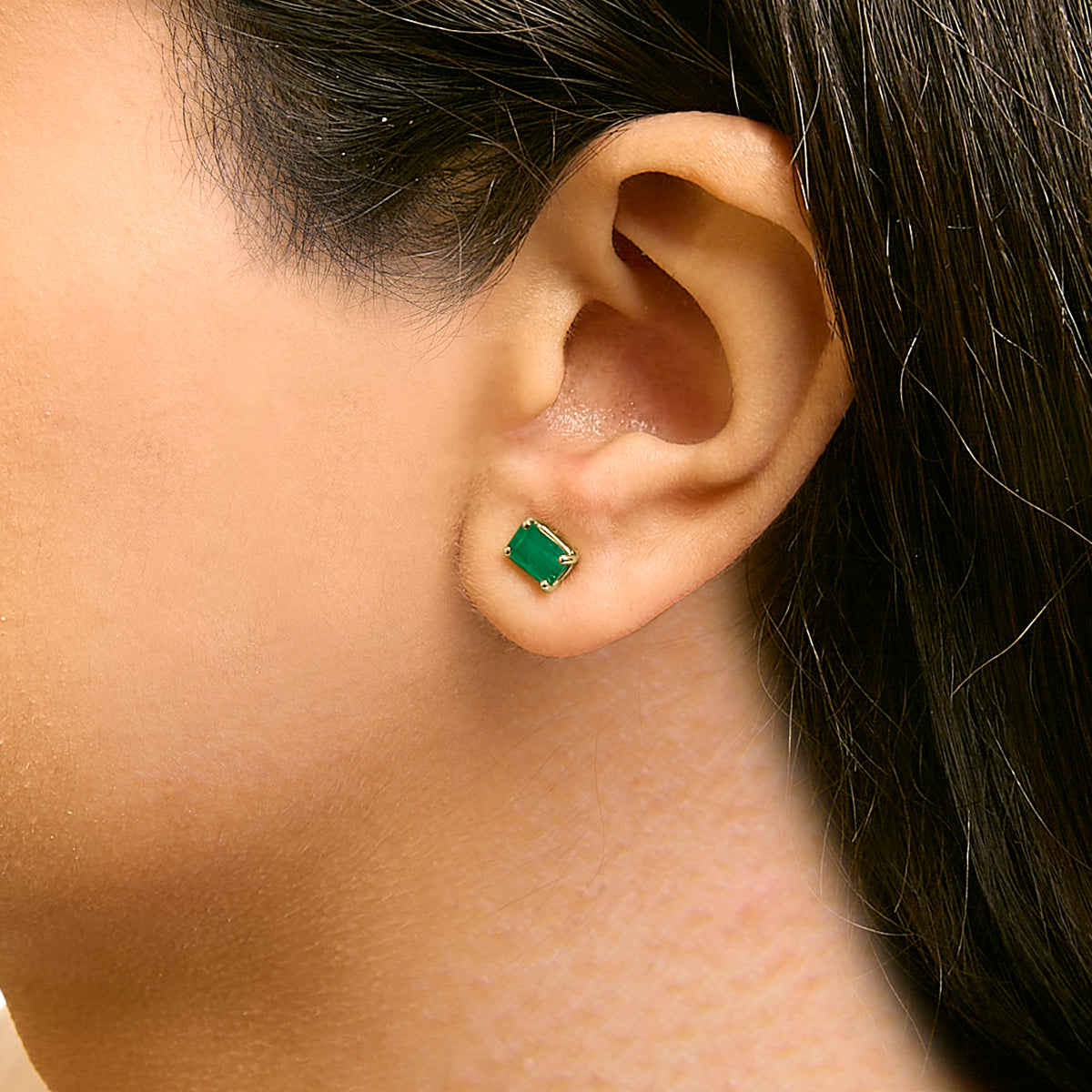 14K Yellow Gold 6x4MM Emerald Shaped Emerald Solitaire Stud Earrings