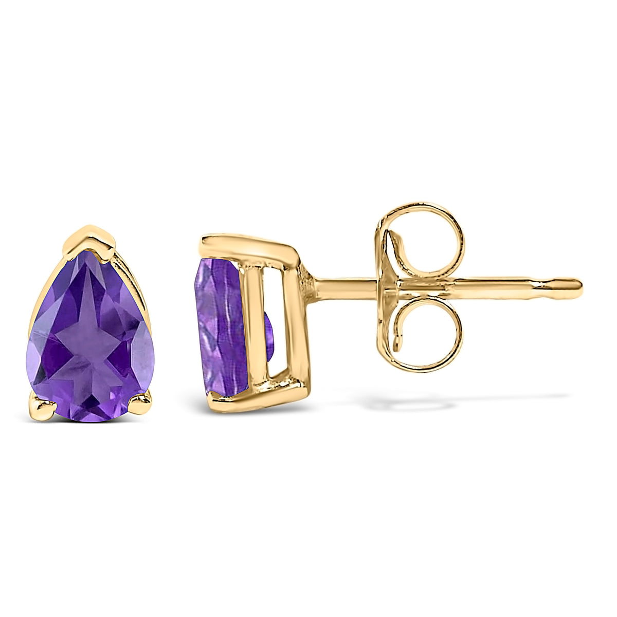14K Yellow Gold 6x4MM Pear Shaped Purple Amethyst Solitaire Stud Earrings