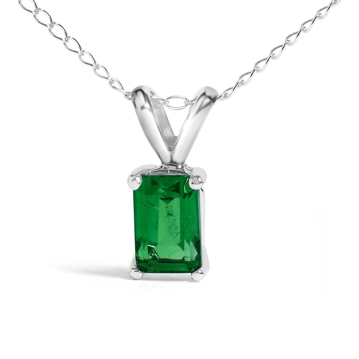 14K White Gold 6x4MM Emerald Cut Green Emerald Solitaire Pendant Necklace