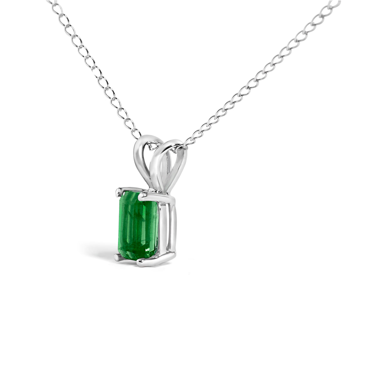 14K White Gold 6x4MM Emerald Cut Green Emerald Solitaire Pendant Necklace