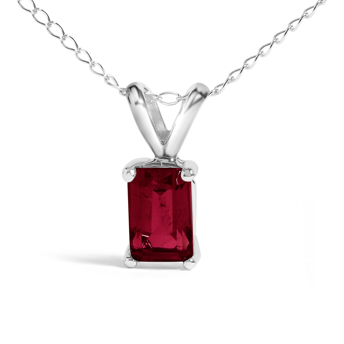 14K White Gold 6x4MM Emerald Cut Red Ruby Solitaire Pendant Necklace