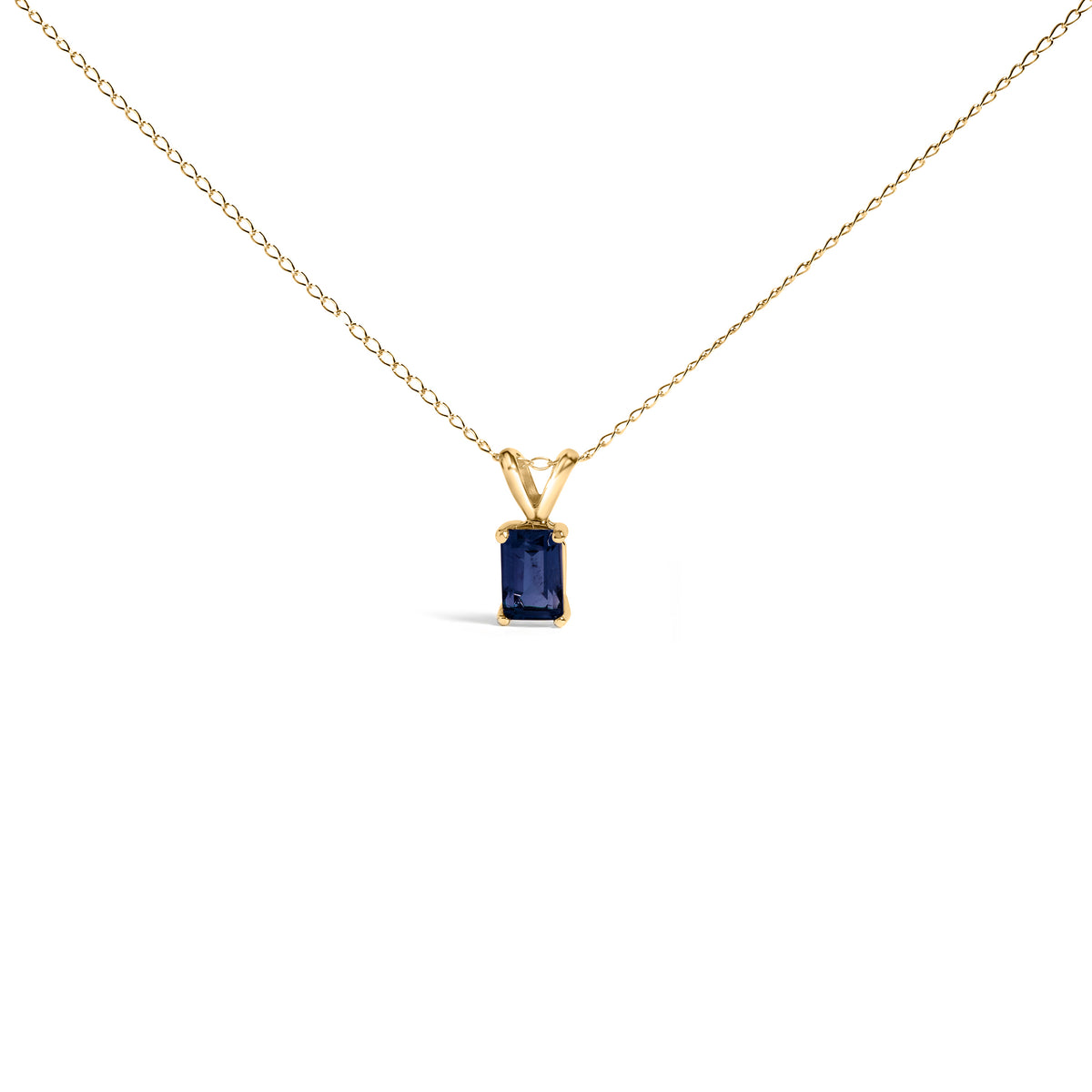 14K Yellow Gold 6x4MM Emerald Cut Blue Sapphire Solitaire Pendant Necklace