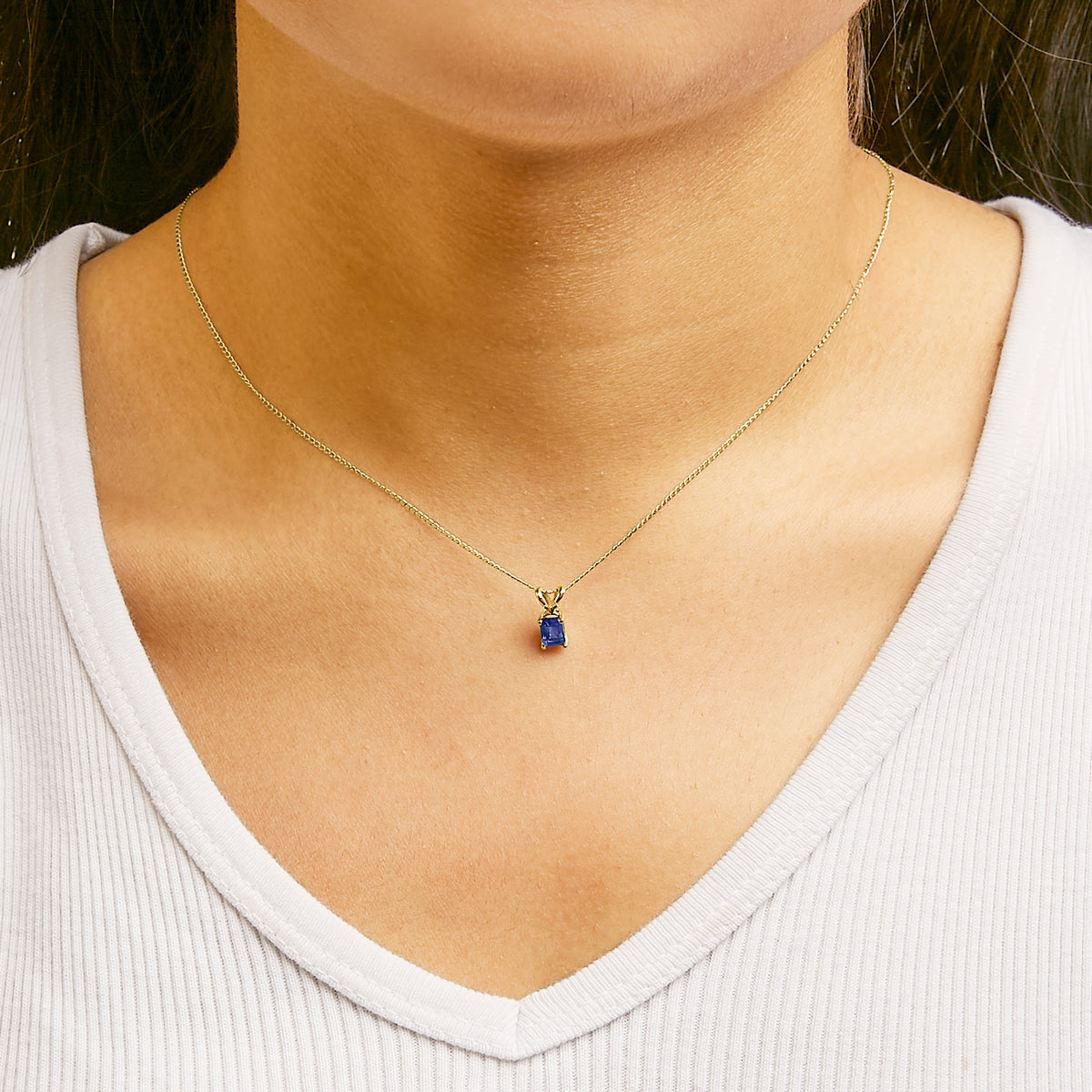 14K Yellow Gold 6x4MM Emerald Cut Blue Sapphire Solitaire Pendant Necklace