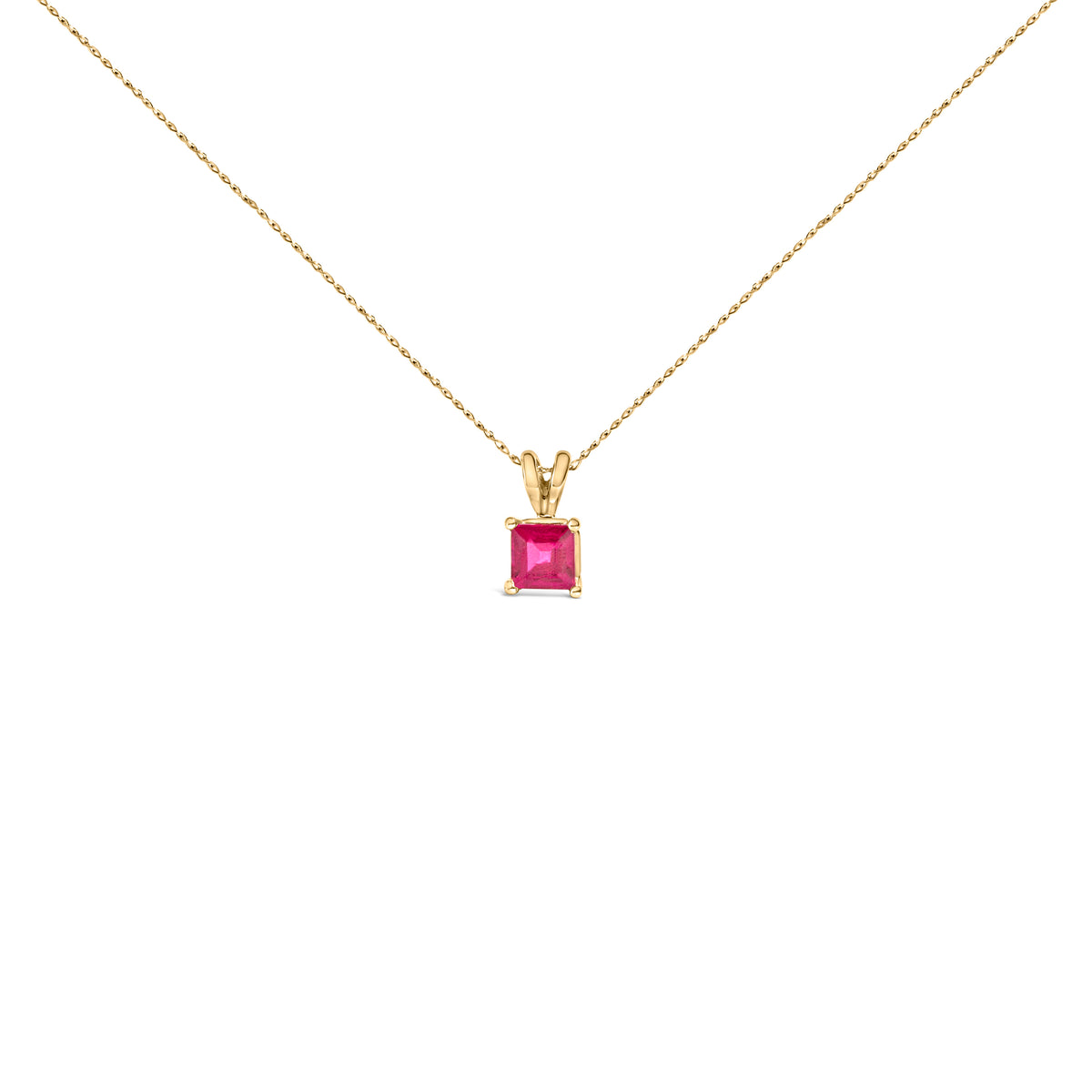 14K Yellow Gold 5x5 MM Square Shaped Red Ruby Solitaire Pendant Necklace