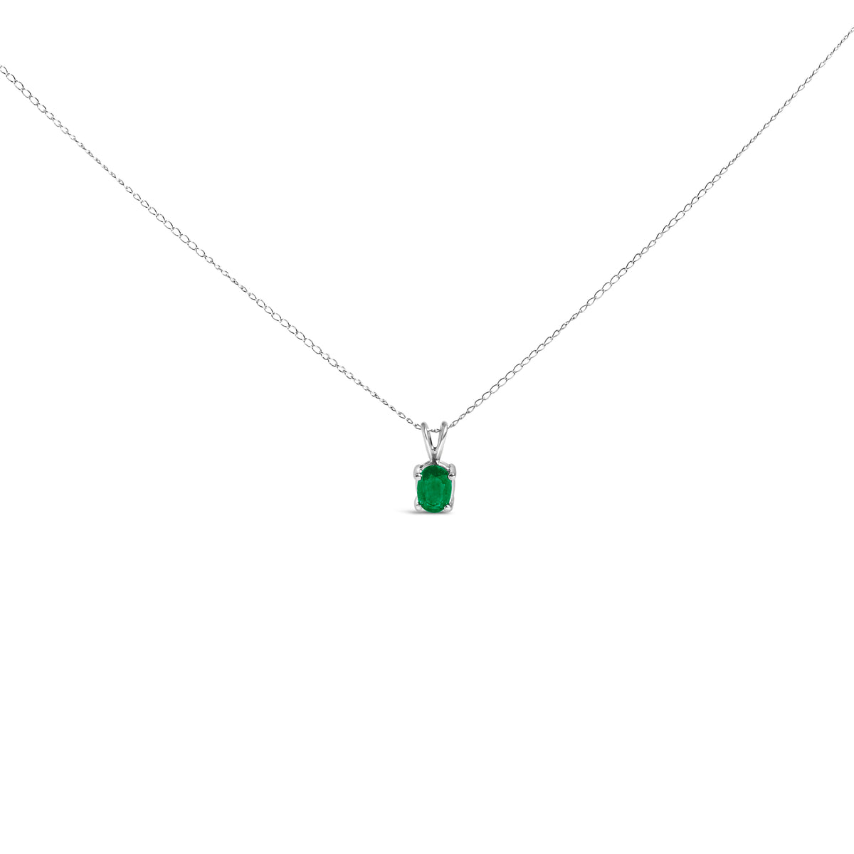 14K White Gold 6x4MM Oval Shaped Green Emerald Solitaire Pendant Necklace