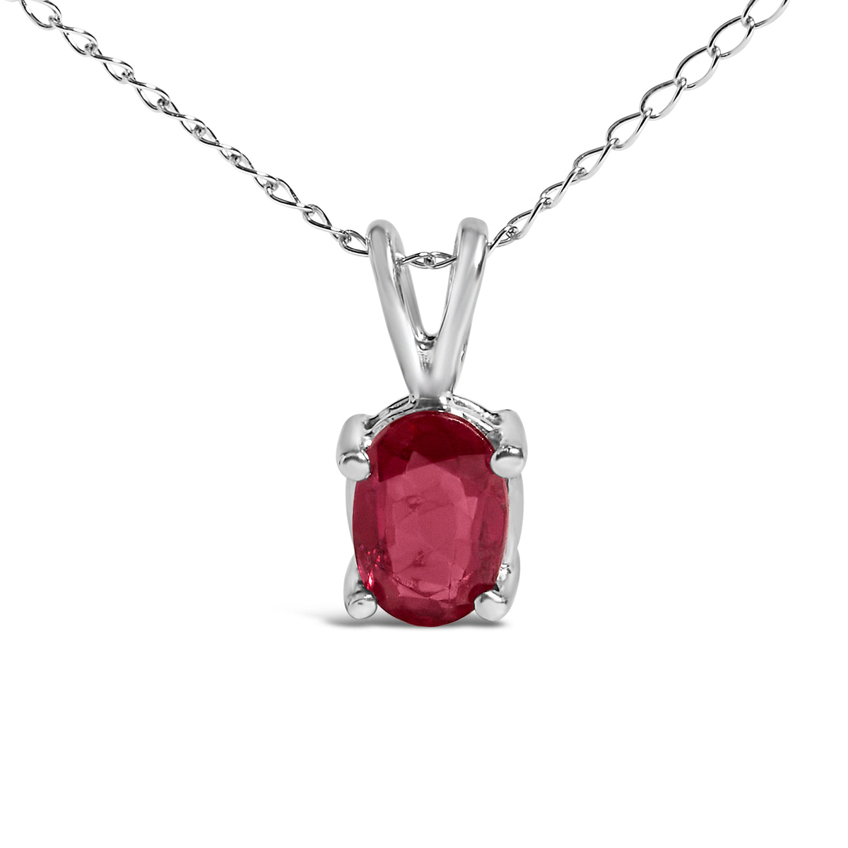 14K White Gold 6x4MM Oval Shaped Red Ruby Solitaire Pendant Necklace