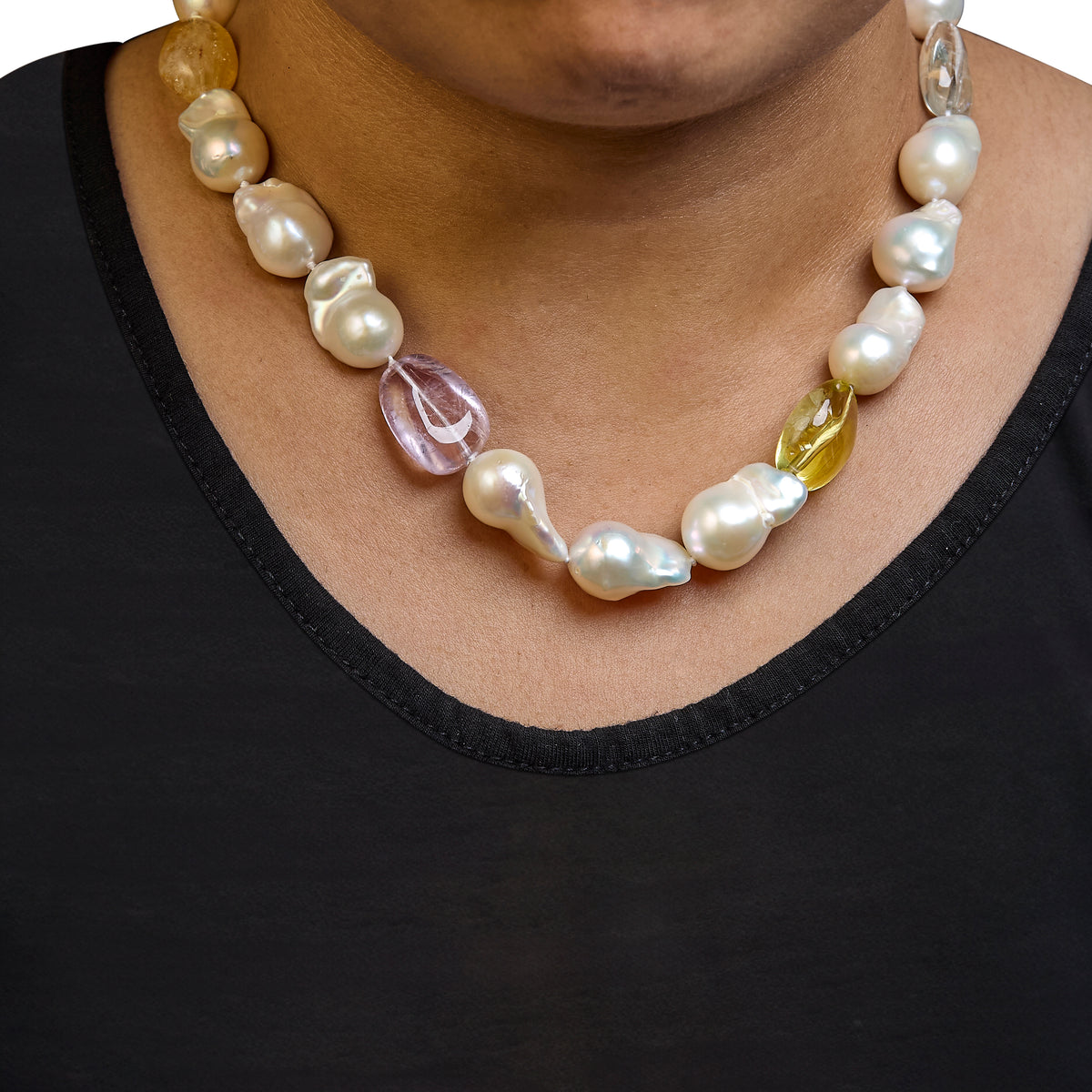14K Yellow Gold Citrine, Amethyst, and Baroque Pearl Strand Necklace