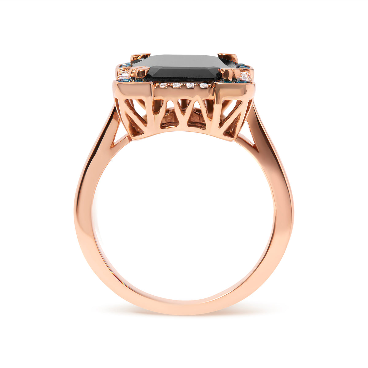 14K Rose Gold 15x10 MM Emerald-Cut Black Onyx and 1/5 Cttw Blue and White Diamond Halo Cocktail Ring (G-H Color, SI1-SI2 Clarity)